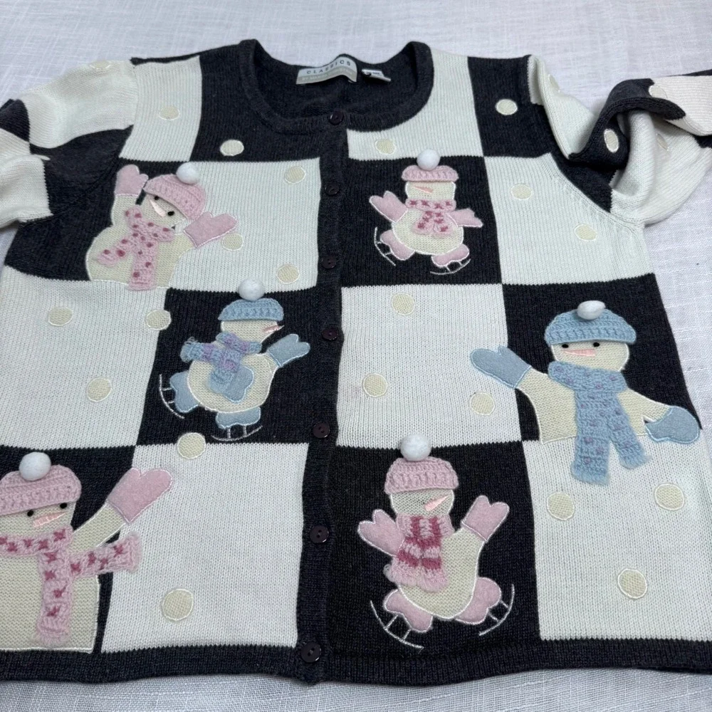VTG Marisa Christina Cardigan M Patch Snowman Winter Holiday Ugly Sweater Retro